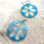 Aqua Blue Lace Shield Filigree Drop Earrings