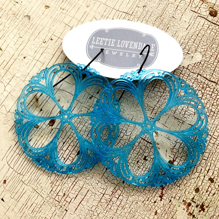 Aqua Blue Lace Shield Filigree Drop Earrings