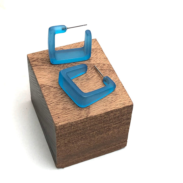 Aqua Blue Frosted Cubist Hoop Earrings