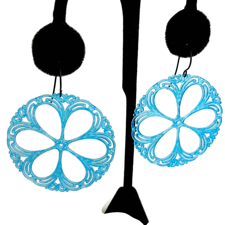 Aqua Blue Lace Shield Filigree Drop Earrings