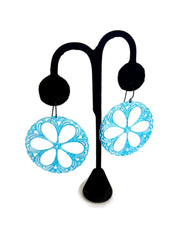 Aqua Blue Lace Shield Filigree Drop Earrings